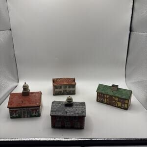 Set Of 4 Vintage Keystone Wooden Block Village Buildings